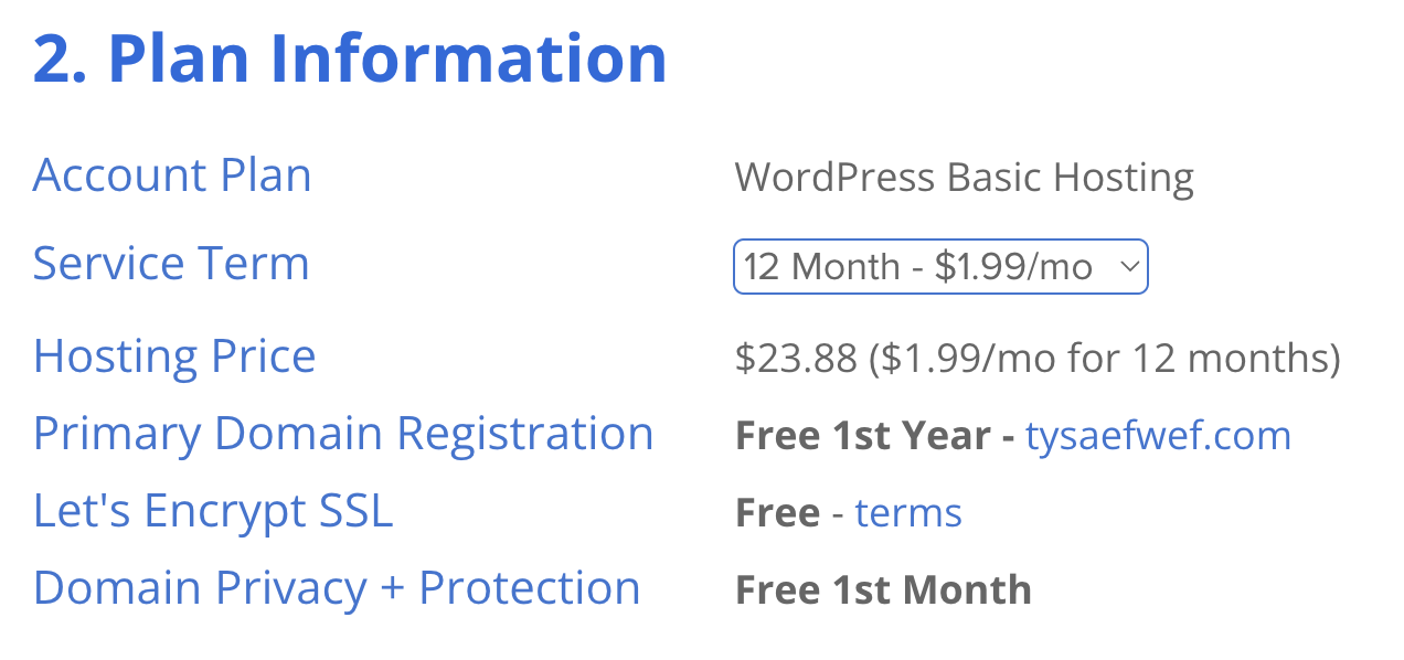 Bluehost Step 5 Plan Information